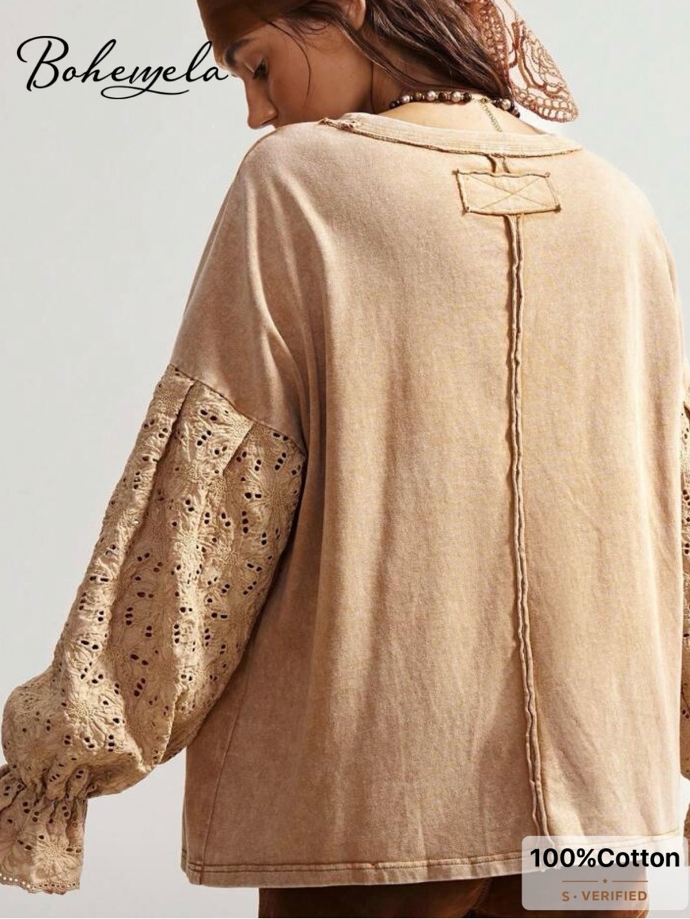 NWOT Bohemela Beige Evil Eye Print Long Sleeve Tee with Eyelet Sleeves, Large - Picture 7 of 16